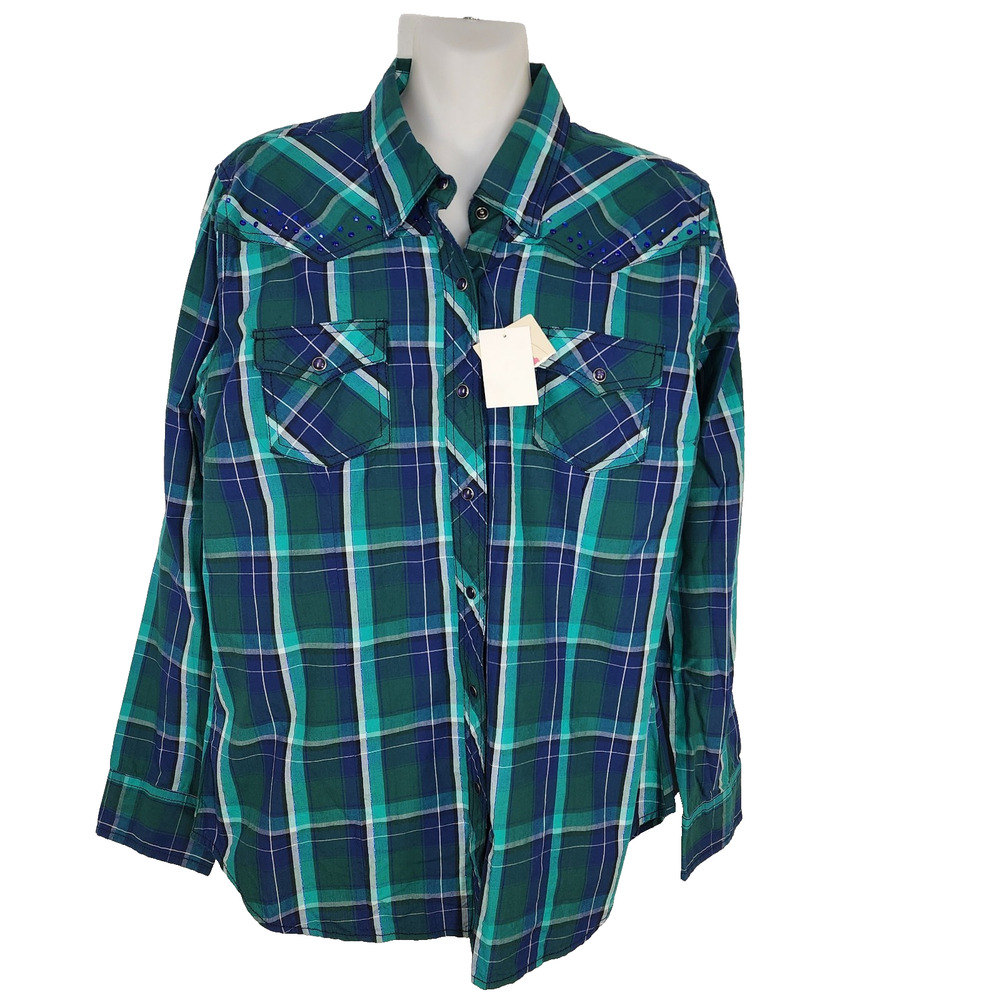 Cumberland Outfitters Shirt Women Large Western Plaid Rhinestones Pearl Snap